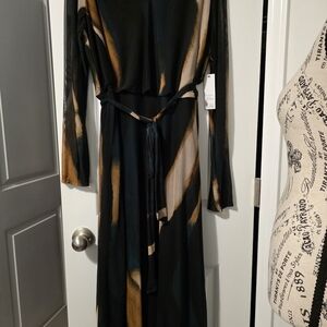 DKNY Black Long-Sleeve Belted Maxi Dress with Gold and Tan Brushstroke Print